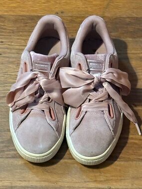 Puma Pink Suede Sneakers with Satin Ribbon Laces